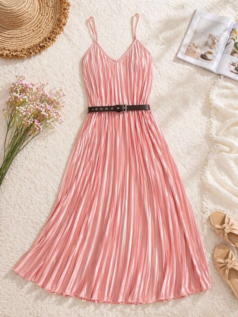 Pleated Pink Maxi Dress with V-Neck